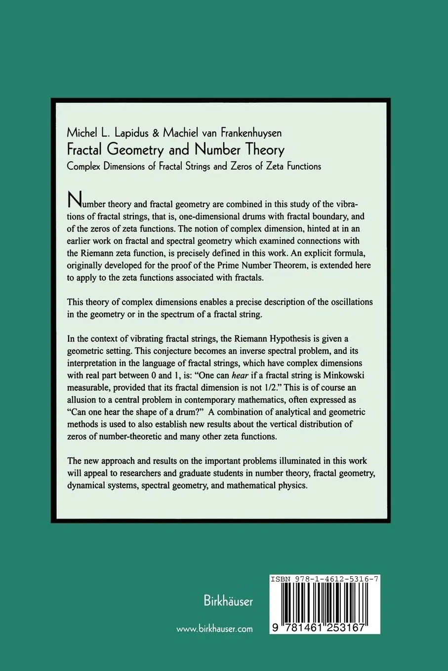 Rückseite: 9781461253167 | Fractal Geometry and Number Theory | Michel L. Lapidus (u. a.) | Buch