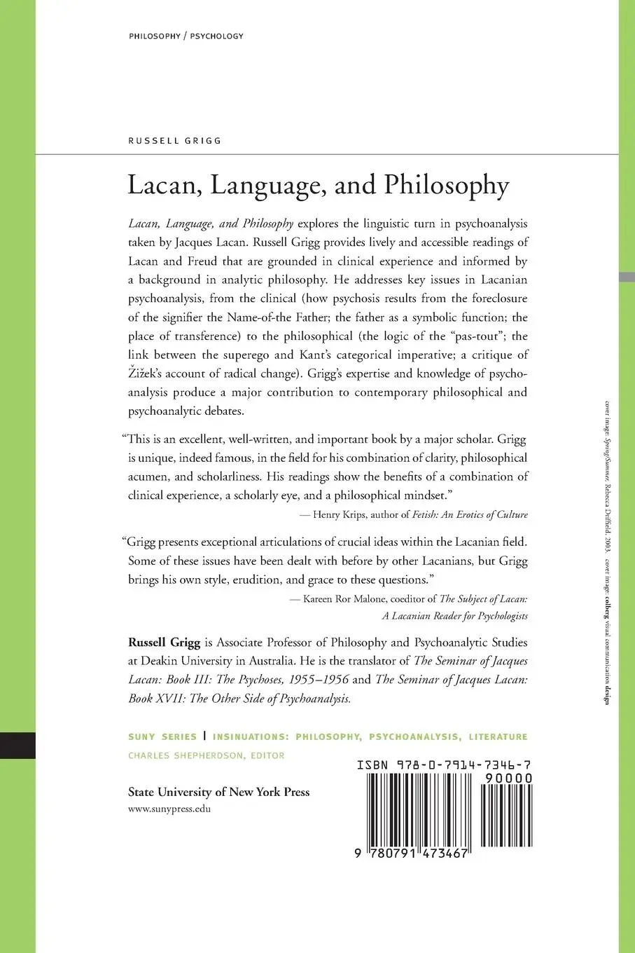 Rückseite: 9780791473467 | Lacan, Language, and Philosophy | Russell Grigg | Taschenbuch | 2009