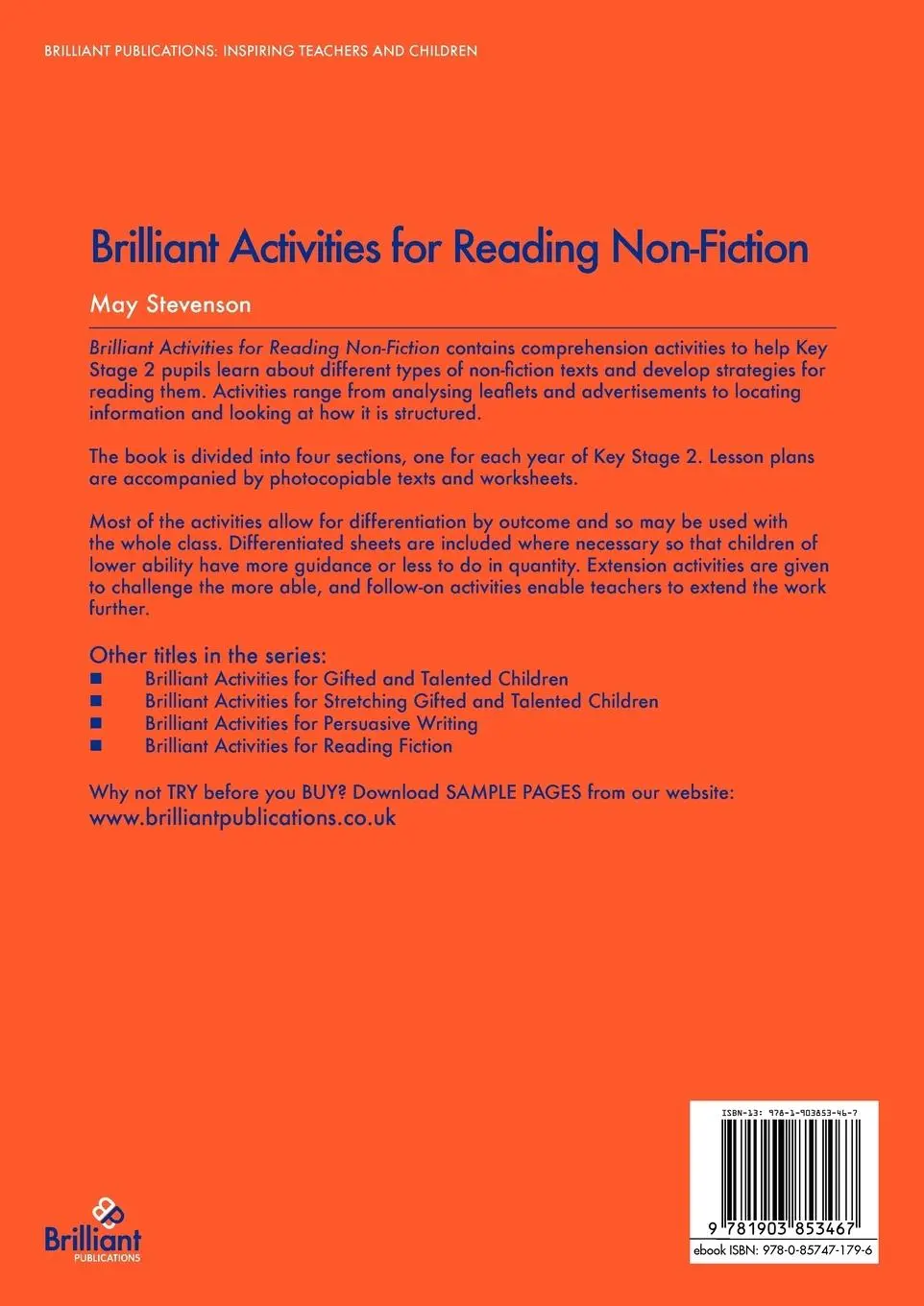 Rückseite: 9781903853467 | Brilliant Activities for Reading Non-Fiction | M. Stevenson | Buch