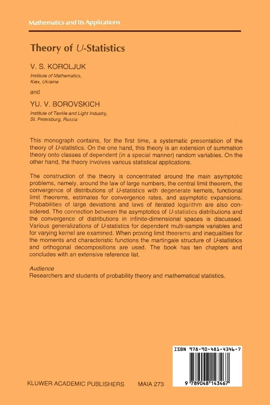 Rückseite: 9789048143467 | Theory of U-Statistics | Y. V. Borovskich (u. a.) | Taschenbuch | x