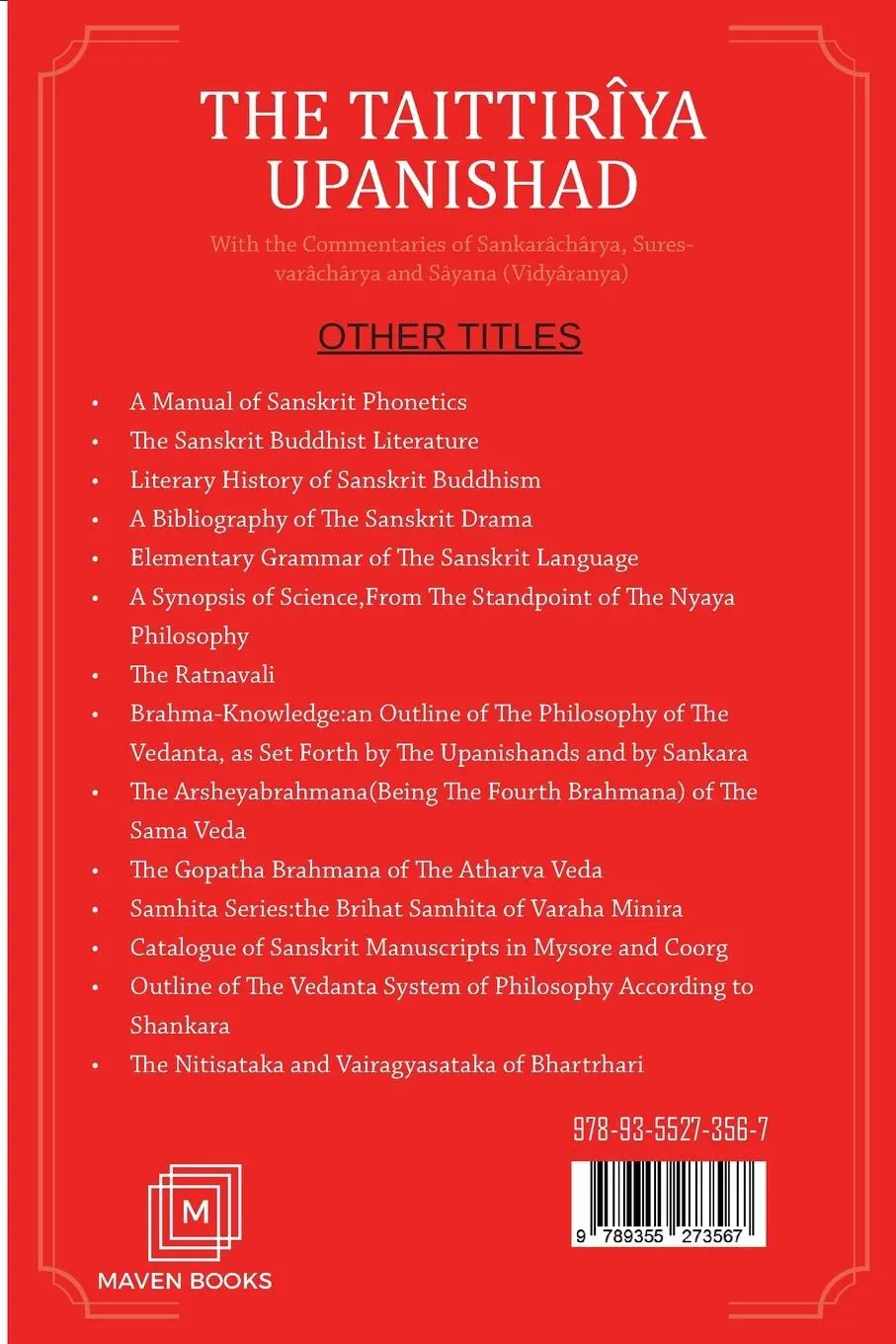 Rückseite: 9789355273567 | THE TAITTIRÎYA UPANISHAD | Sankarâchârya (u. a.) | Taschenbuch | 2023