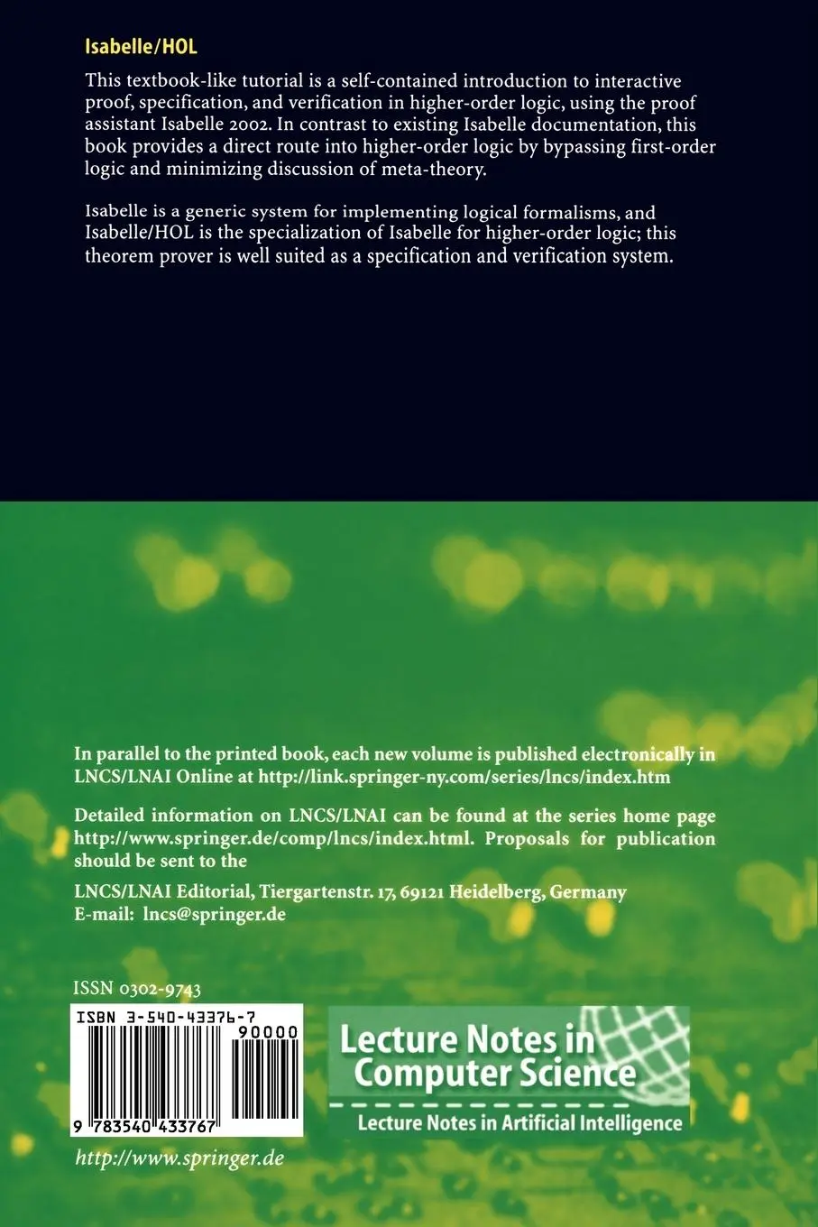 Rückseite: 9783540433767 | Isabelle/HOL | A Proof Assistant for Higher-Order Logic | Taschenbuch
