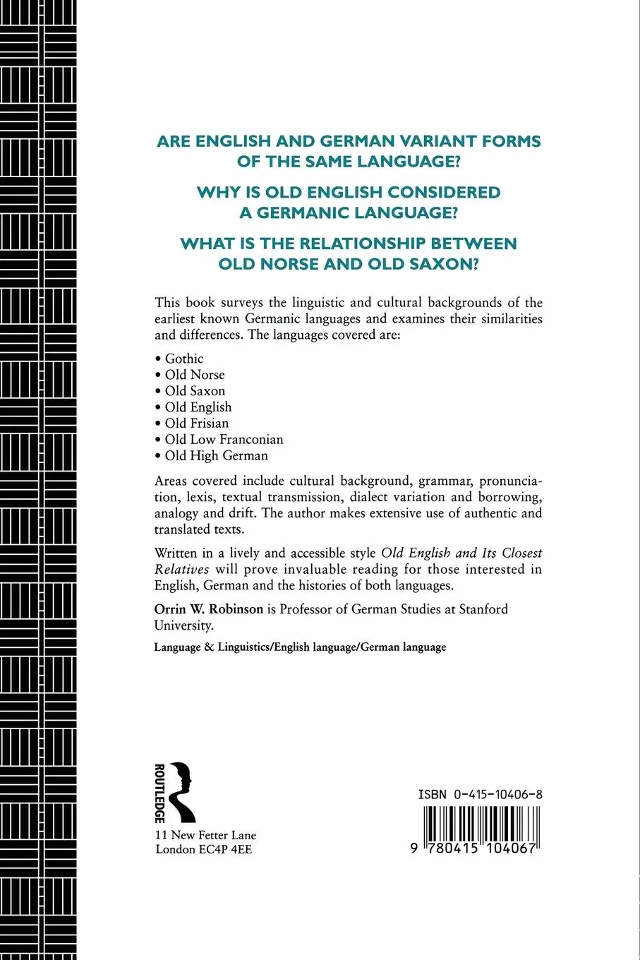 Rückseite: 9780415104067 | Old English and its Closest Relatives | Orrin W. Robinson | Buch