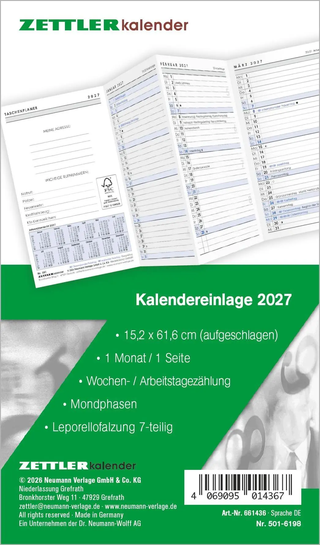 Cover: 4069095014367 | Kalenderersatzeinlage TP 1M/1S Leporello 2027 | KG | Kalender | 14 S.