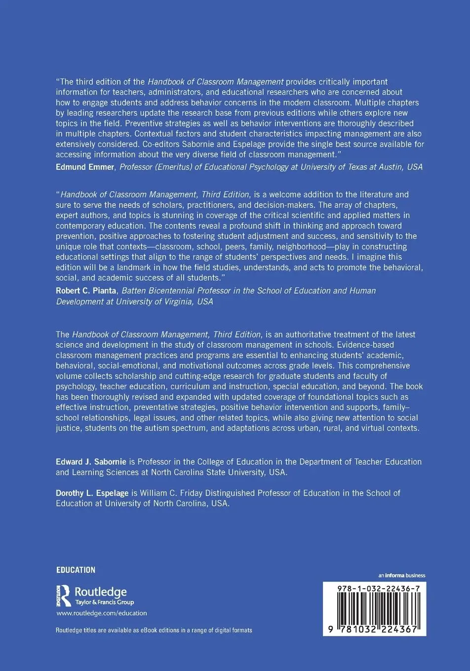 Rückseite: 9781032224367 | Handbook of Classroom Management | Edward J. Sabornie (u. a.) | Buch