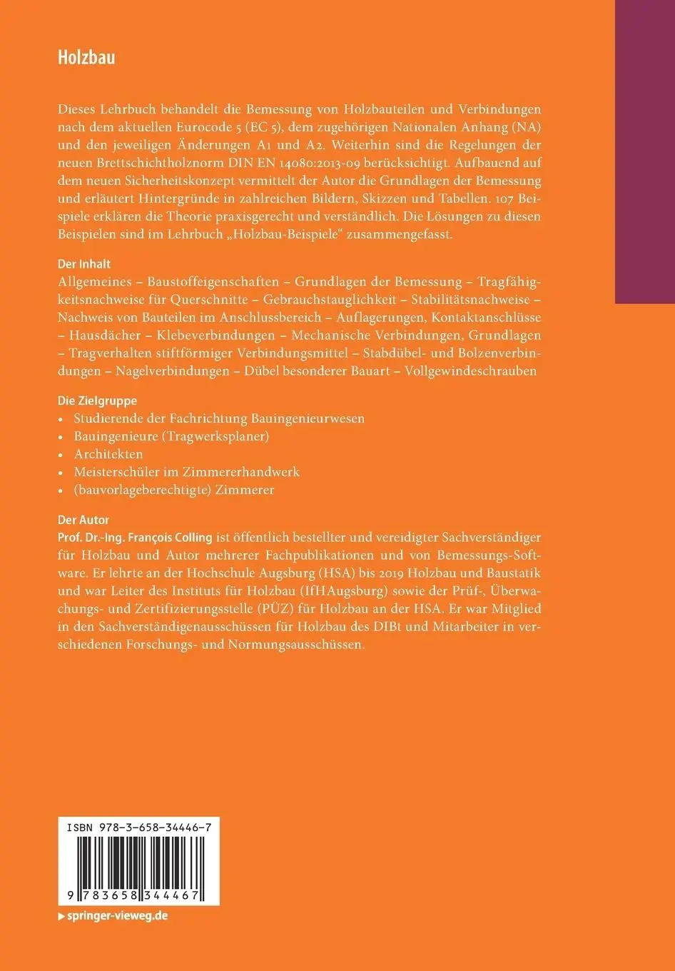 Rückseite: 9783658344467 | Holzbau | Grundlagen und Bemessung nach EC 5 | François Colling | Buch