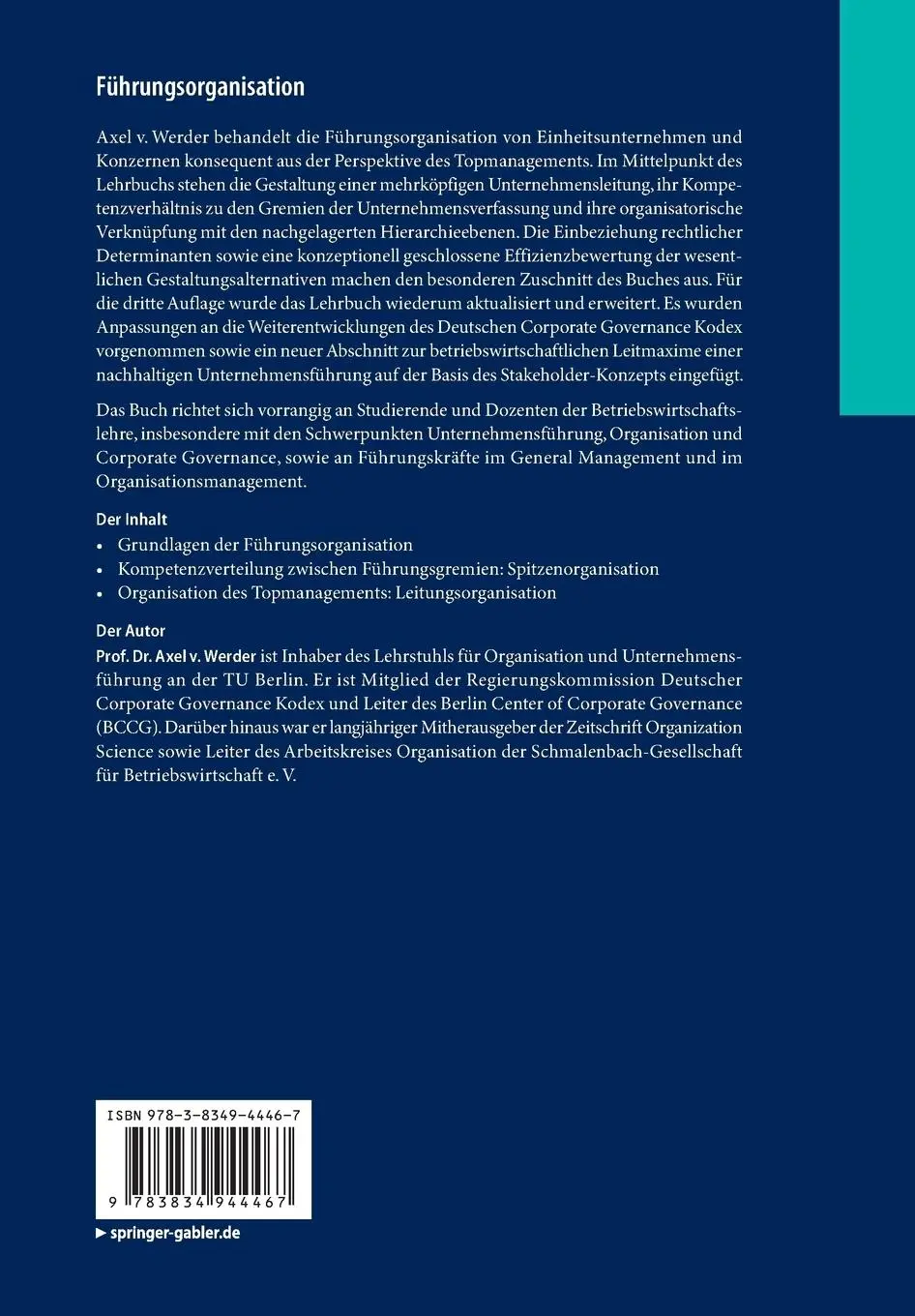 Rückseite: 9783834944467 | Führungsorganisation | Axel V. Werder | Taschenbuch | xxiv | Deutsch