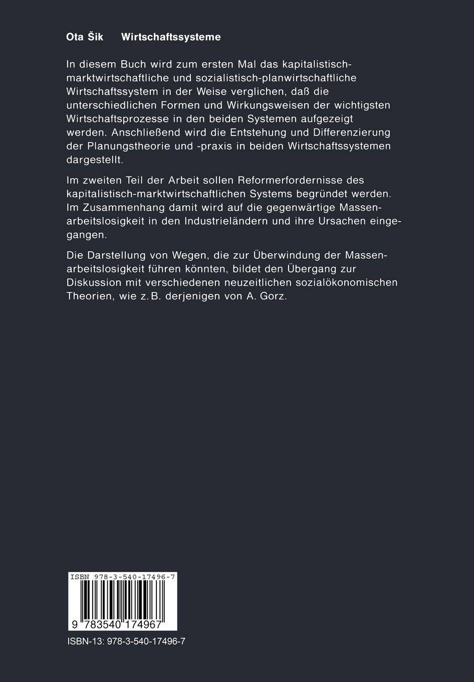 Rückseite: 9783540174967 | Wirtschaftssysteme | Vergleiche - Theorie - Kritik | Ota Sik | Buch