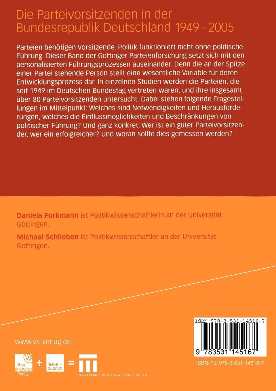 Rückseite: 9783531145167 | Die Parteivorsitzenden in der Bundesrepublik Deutschland 1949 - 2005