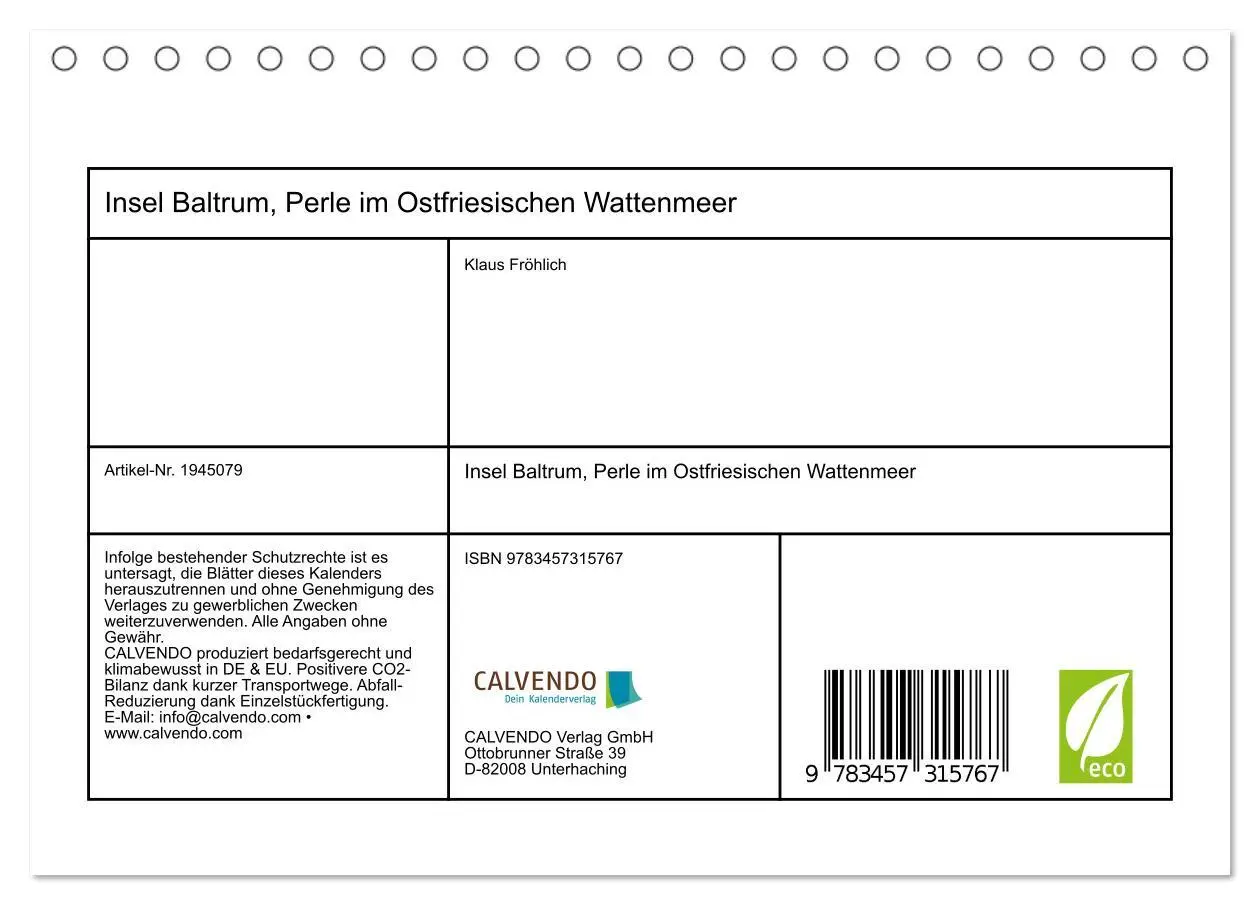 Bild: 9783457315767 | Insel Baltrum, Perle im Ostfriesischen Wattenmeer (Tischkalender...
