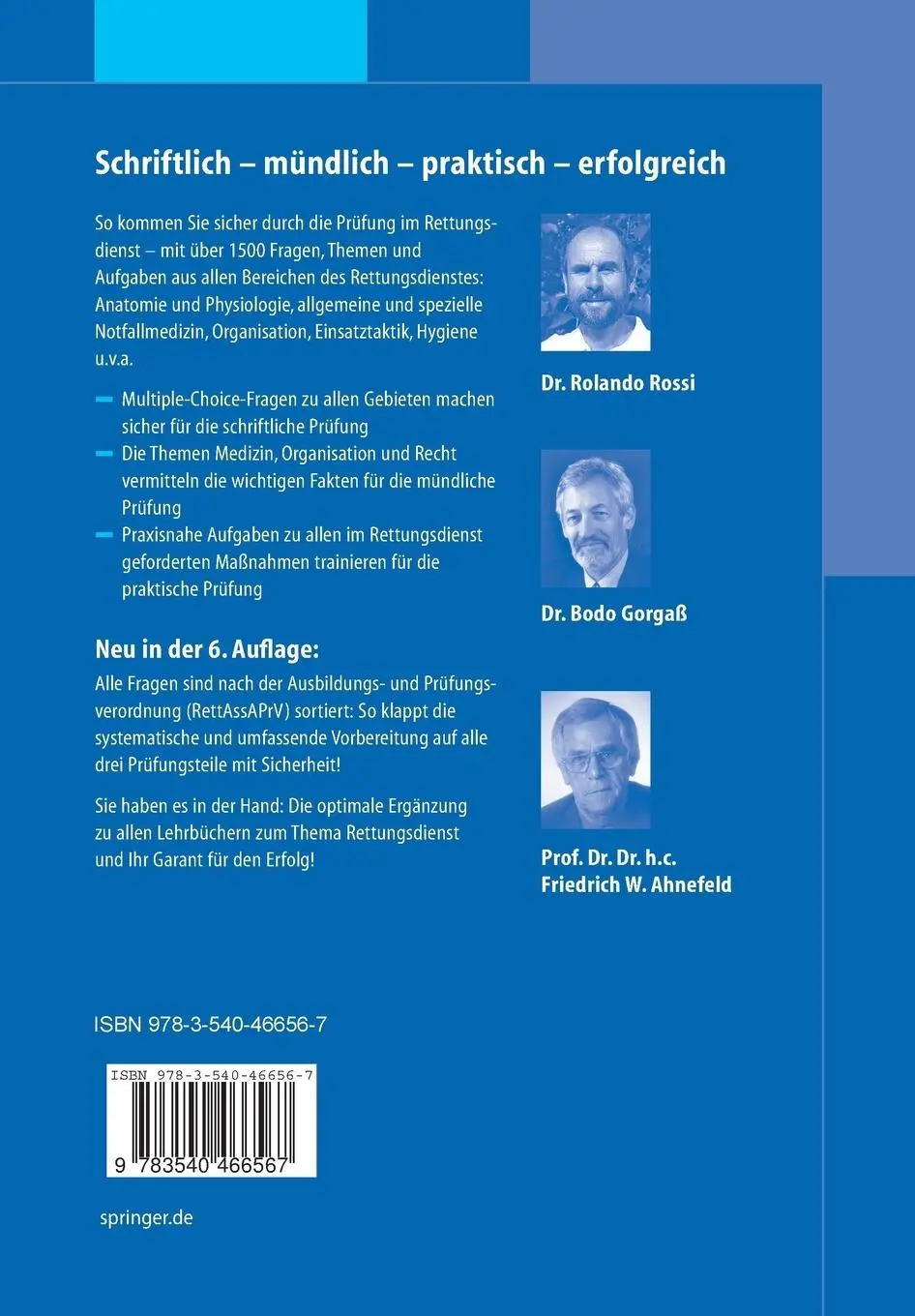 Rückseite: 9783540466567 | Die Rettungsdienst-Prüfung | Fragen - Themen - Aufgaben | Taschenbuch
