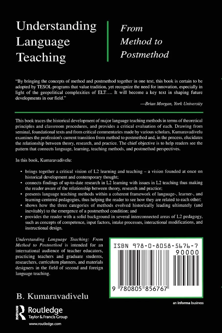 Rückseite: 9780805856767 | Understanding Language Teaching | From Method to Postmethod | Buch