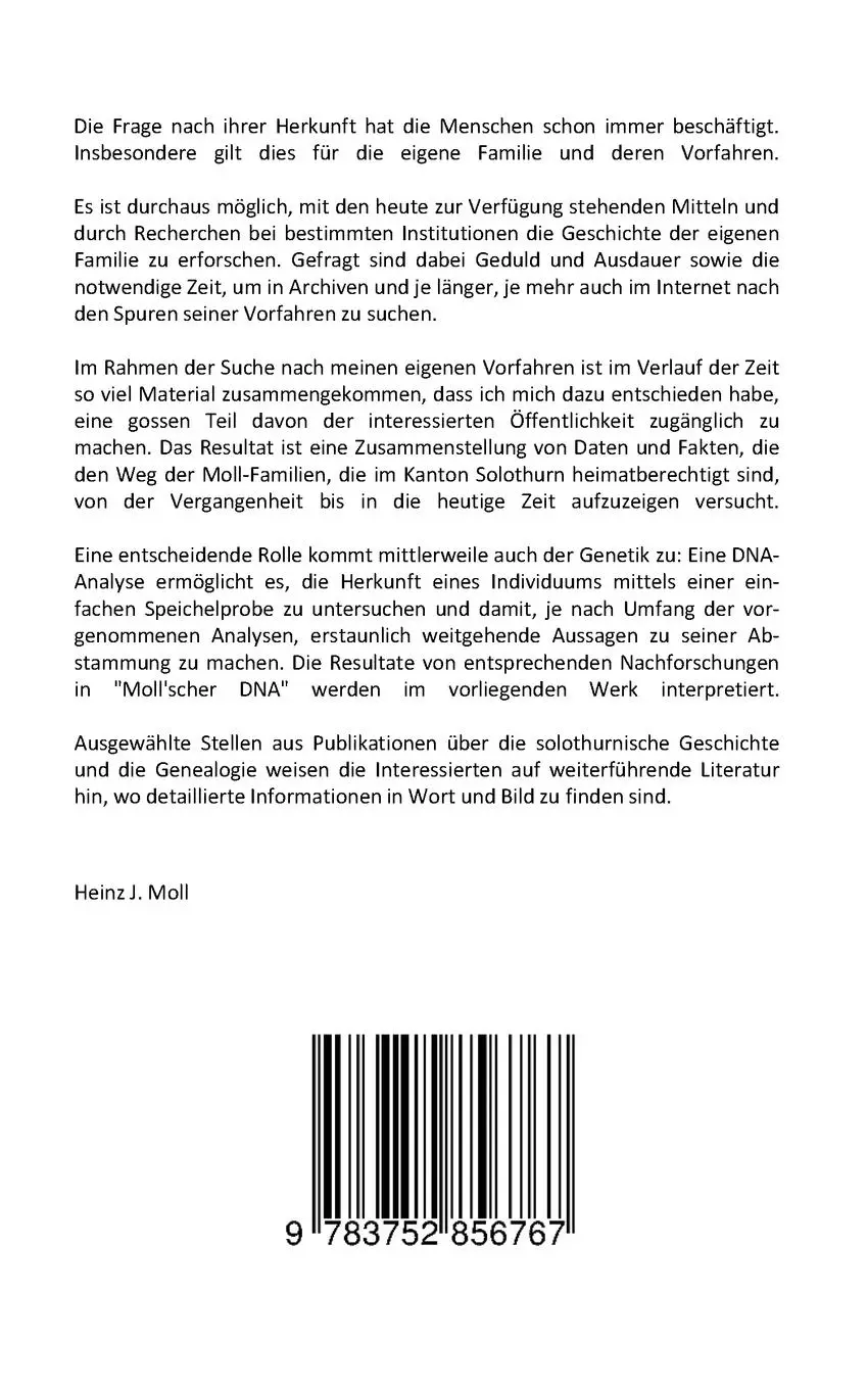 Rückseite: 9783752856767 | Herkunft und Geschichte der Moll-Familien im Kanton Solothurn | Moll
