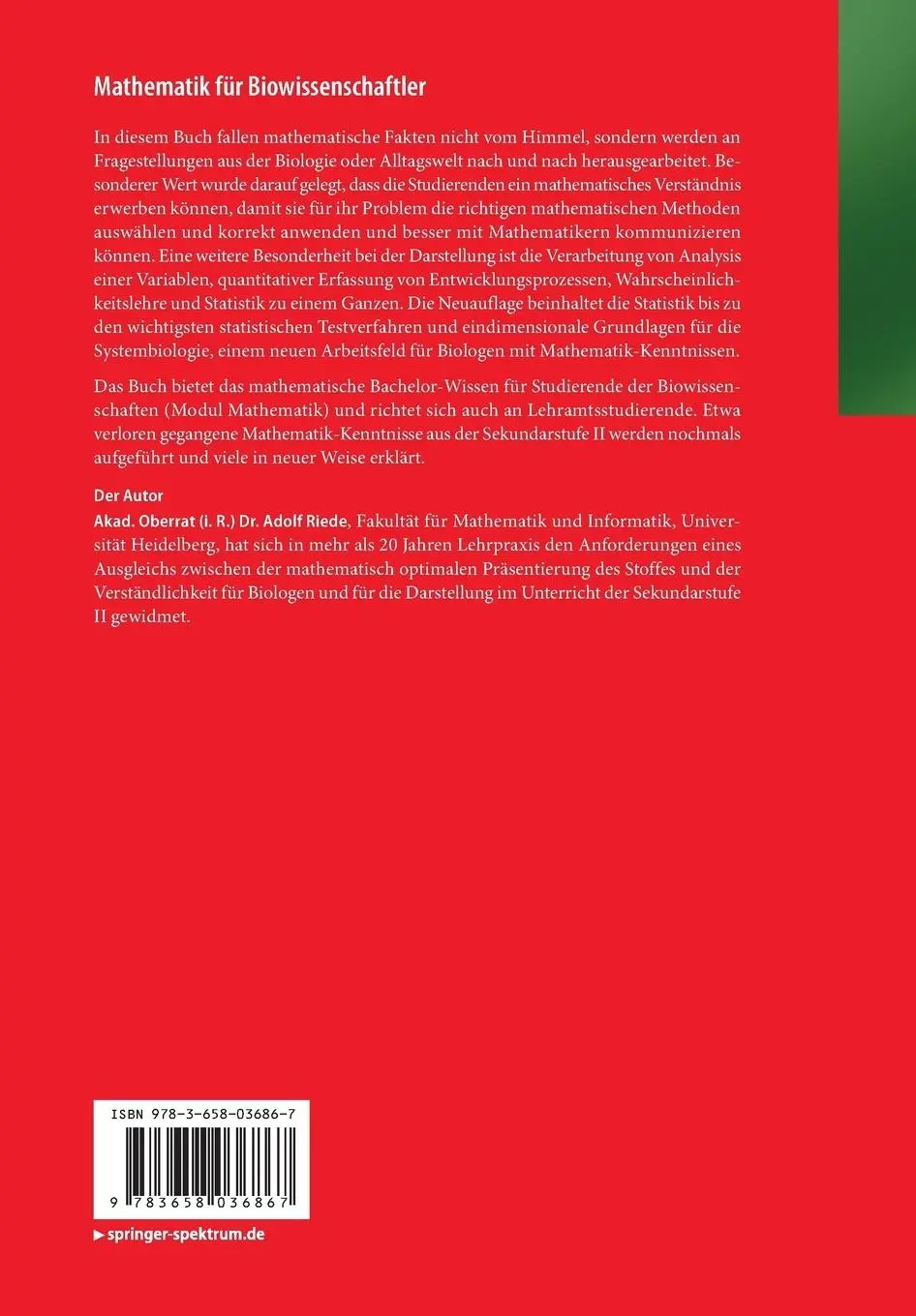Rückseite: 9783658036867 | Mathematik für Biowissenschaftler | Adolf Riede | Taschenbuch | xii