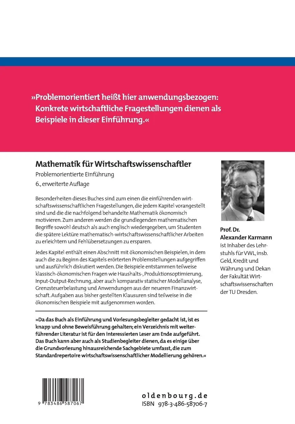 Rückseite: 9783486587067 | Mathematik für Wirtschaftswissenschaftler | Alexander Karmann | Buch