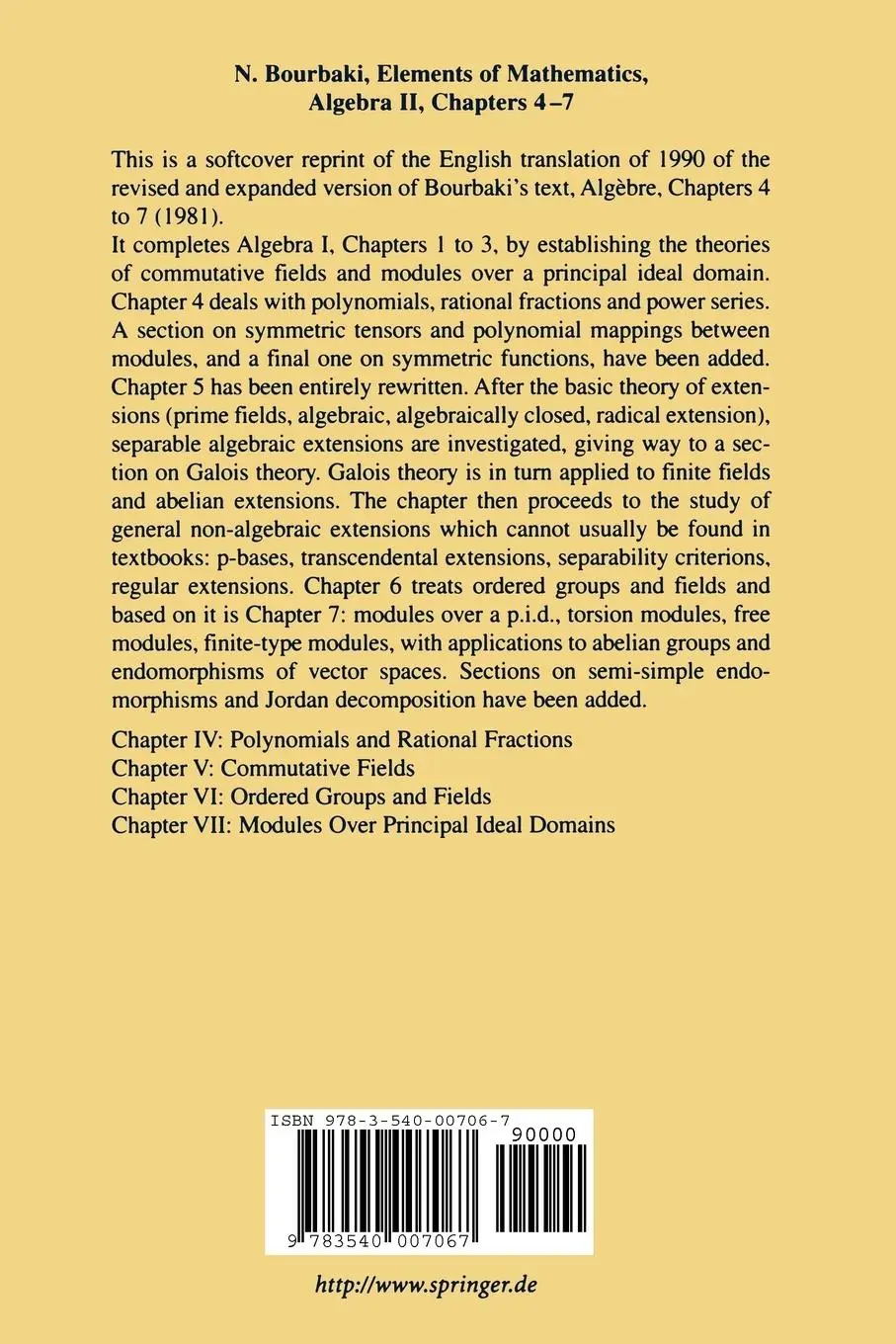 Rückseite: 9783540007067 | Algebra II | Chapters 4 - 7 | N. Bourbaki | Taschenbuch | vii | 2003
