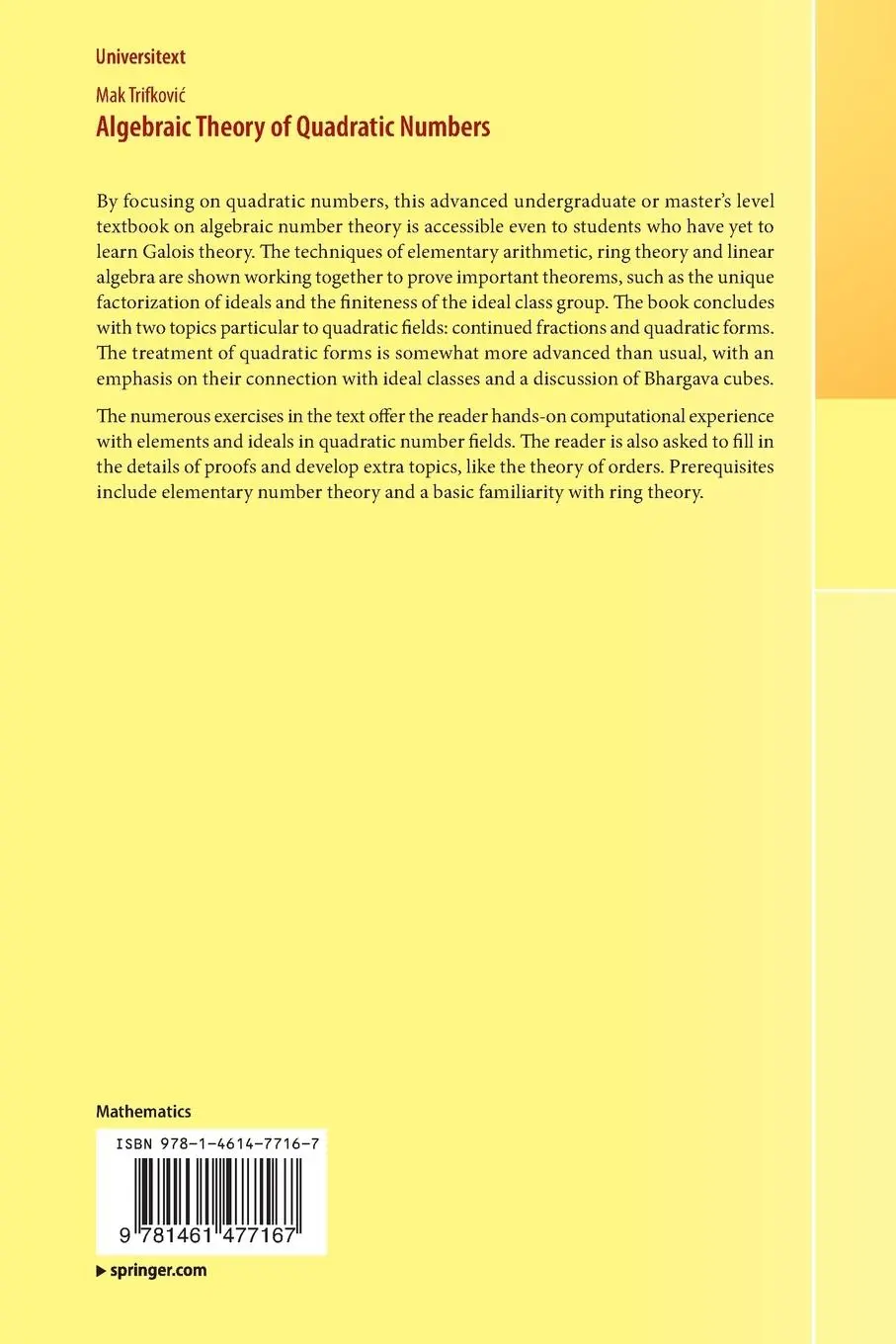Rückseite: 9781461477167 | Algebraic Theory of Quadratic Numbers | Mak Trifkovi¿ | Taschenbuch