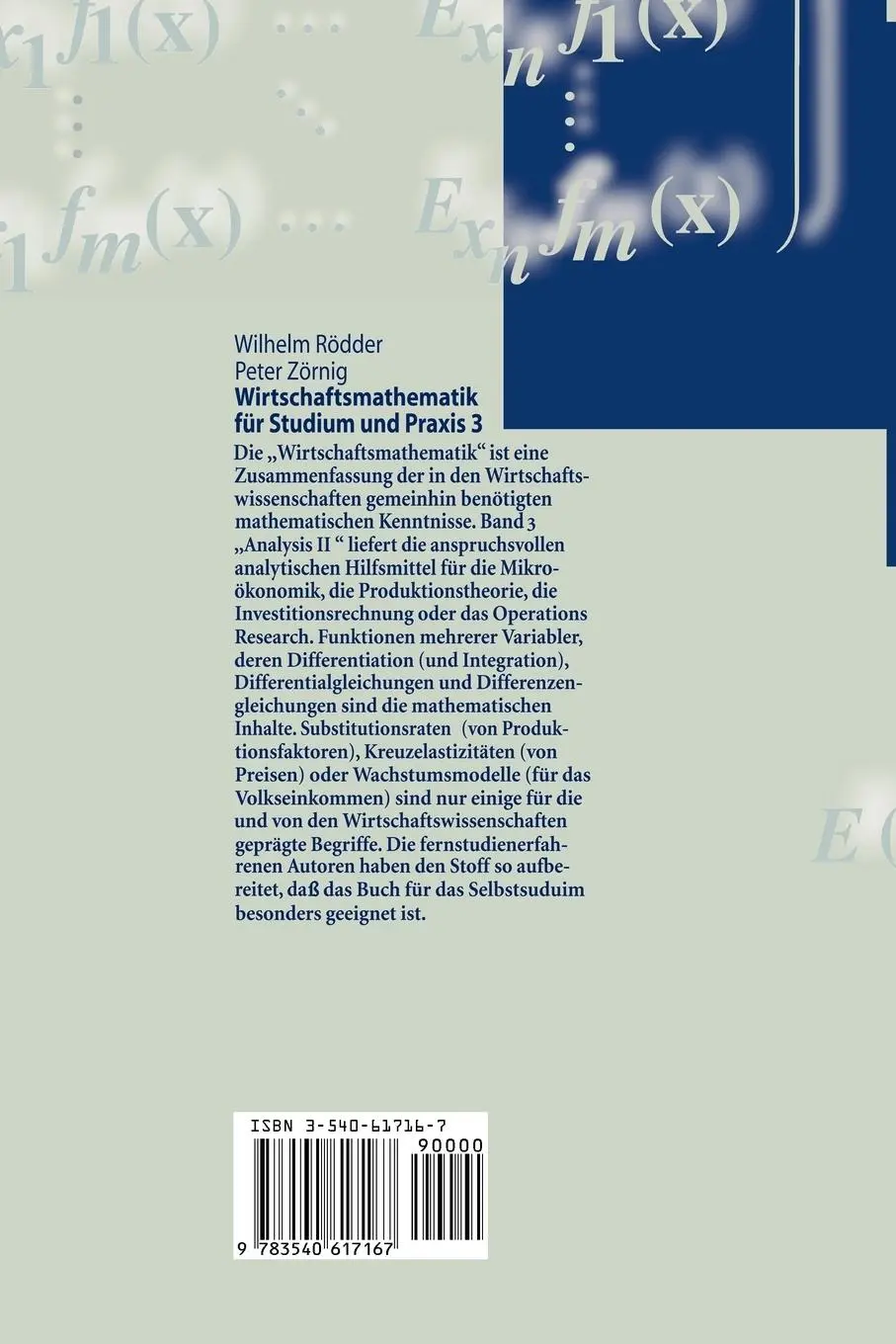 Rückseite: 9783540617167 | Wirtschaftsmathematik für Studium und Praxis 3 | Analysis II | Buch