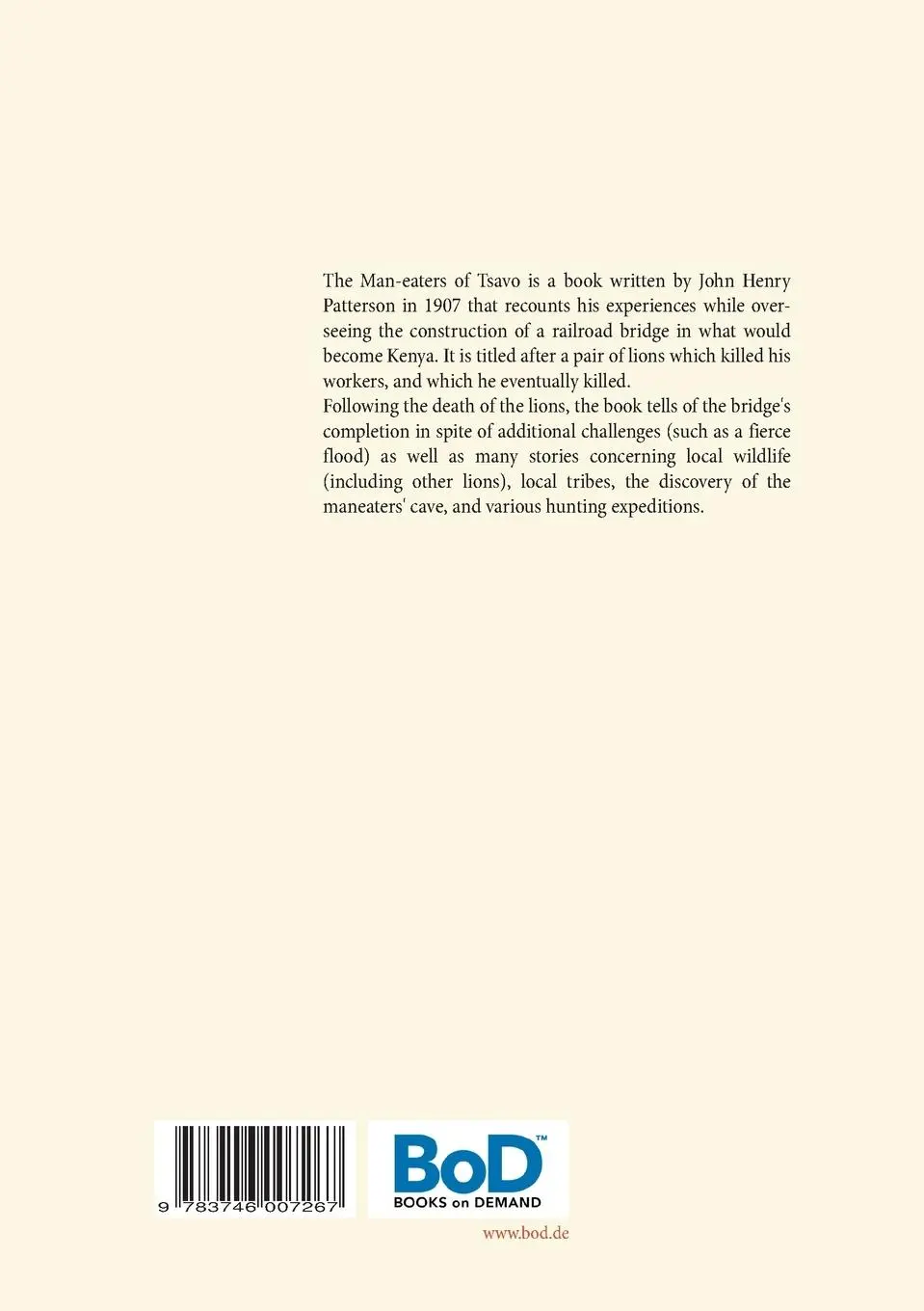 Rückseite: 9783746007267 | The Man-Eaters of Tsavo | J. H. Patterson | Taschenbuch | 72 S. | 2018