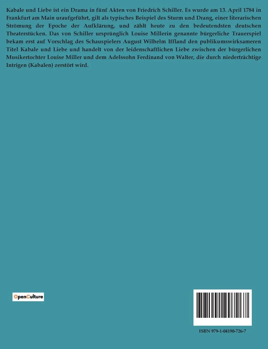 Rückseite: 9791041907267 | Kabale und Liebe | Friedrich Schiller | Taschenbuch | 90 S. | Deutsch