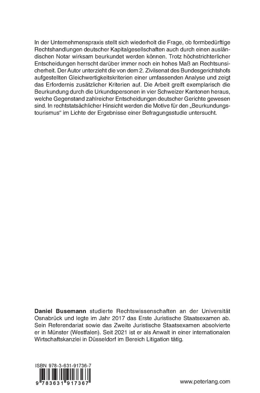 Rückseite: 9783631917367 | Die Beurkundung von Rechtshandlungen deutscher...