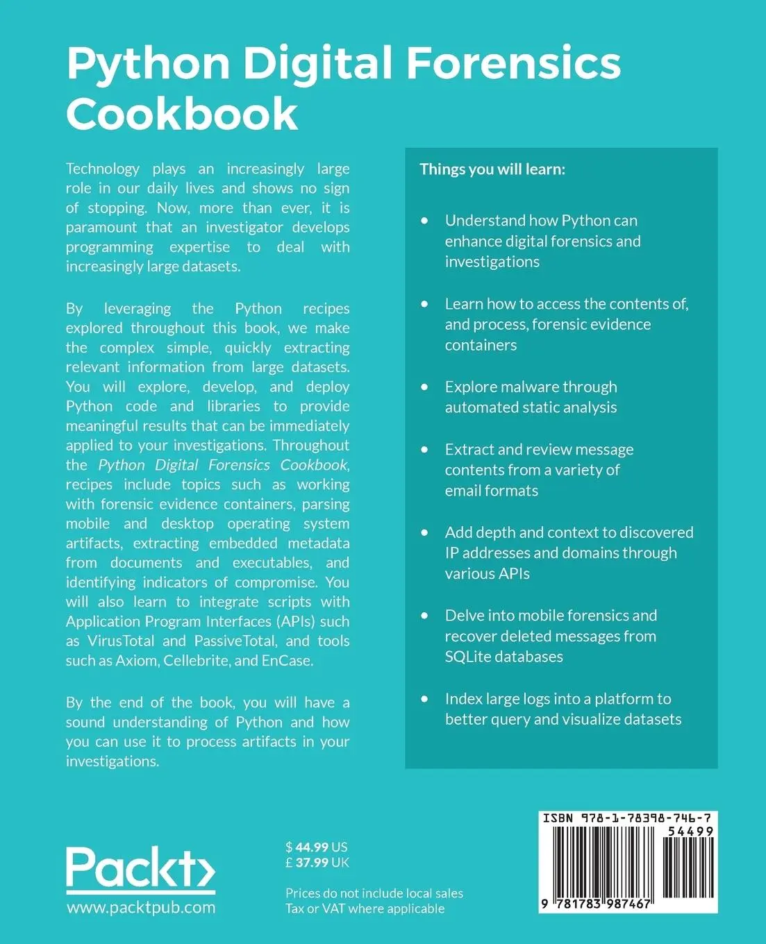 Rückseite: 9781783987467 | Python Digital Forensics Cookbook | Preston Miller (u. a.) | Buch
