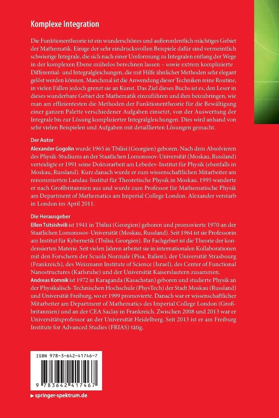 Rückseite: 9783642417467 | Komplexe Integration | Alexander O. Gogolin | Taschenbuch | xi | 2014