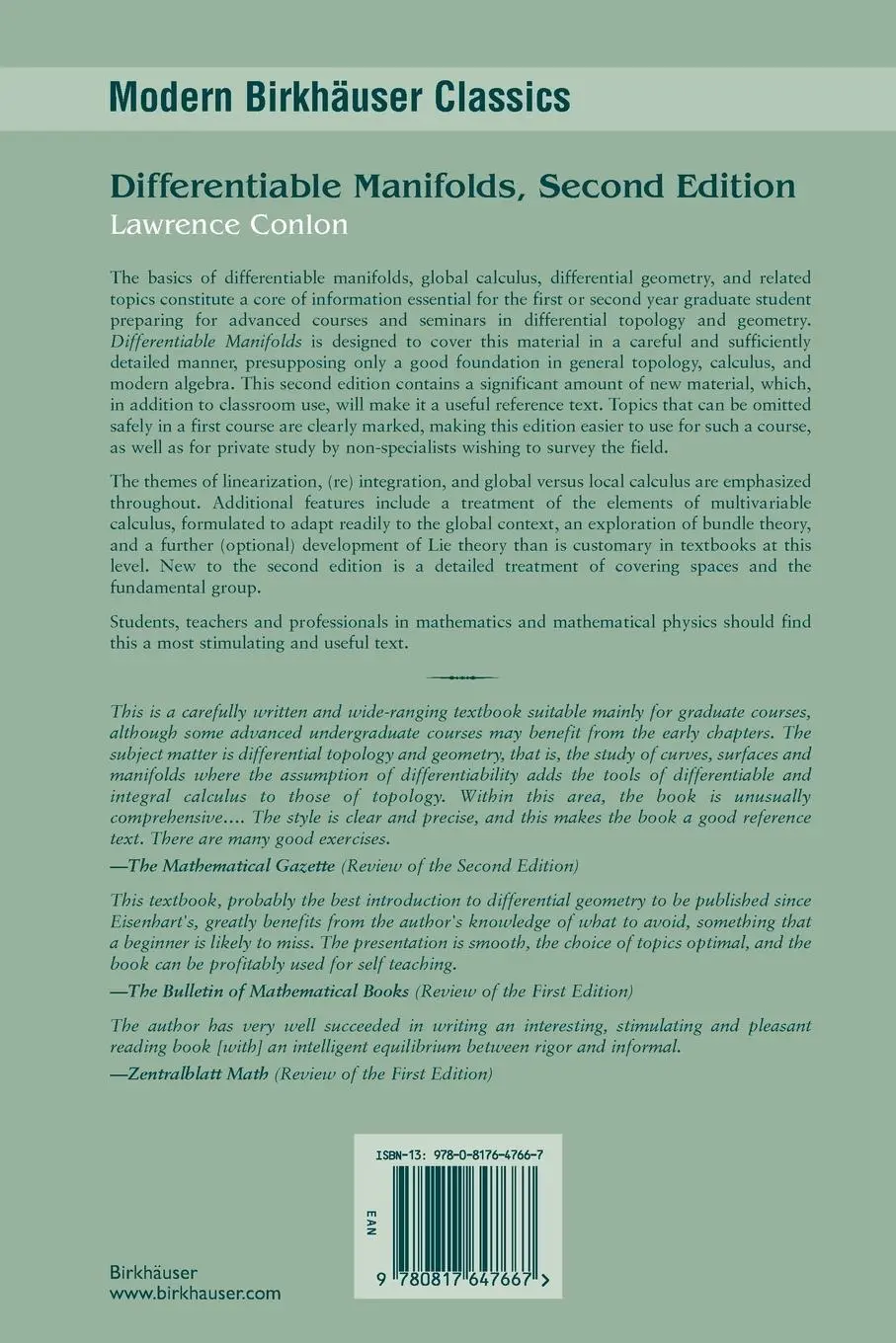 Rückseite: 9780817647667 | Differentiable Manifolds | Lawrence Conlon | Taschenbuch | xiv | 2008