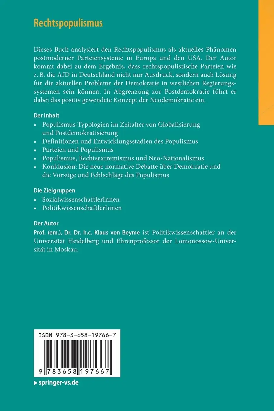 Rückseite: 9783658197667 | Rechtspopulismus | Ein Element der Neodemokratie? | Klaus Von Beyme