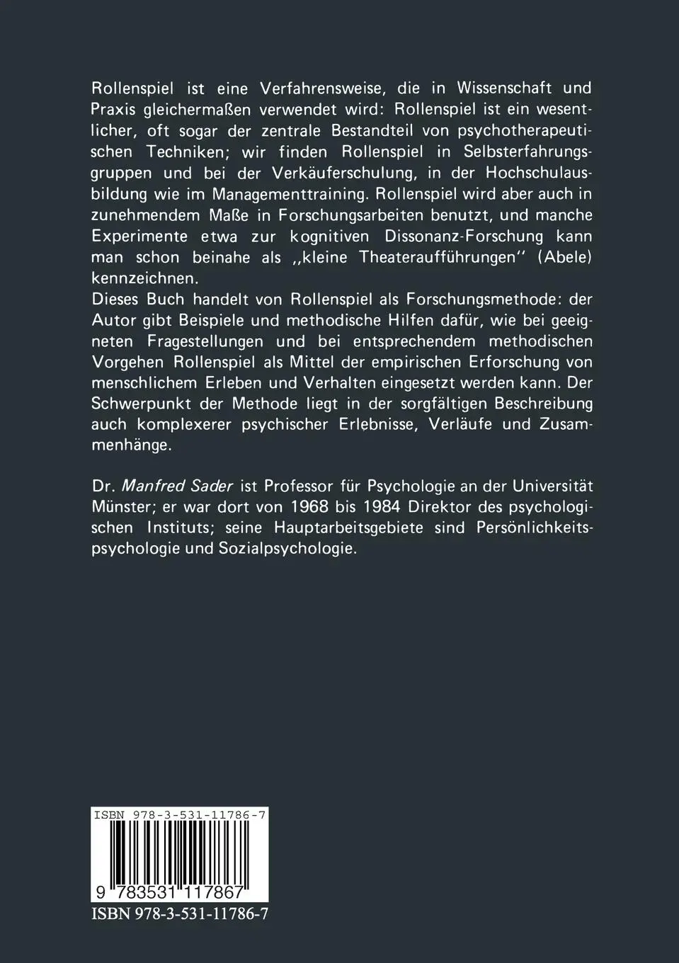Rückseite: 9783531117867 | Rollenspiel als Forschungsmethode | Manfred Sader | Taschenbuch | 1986