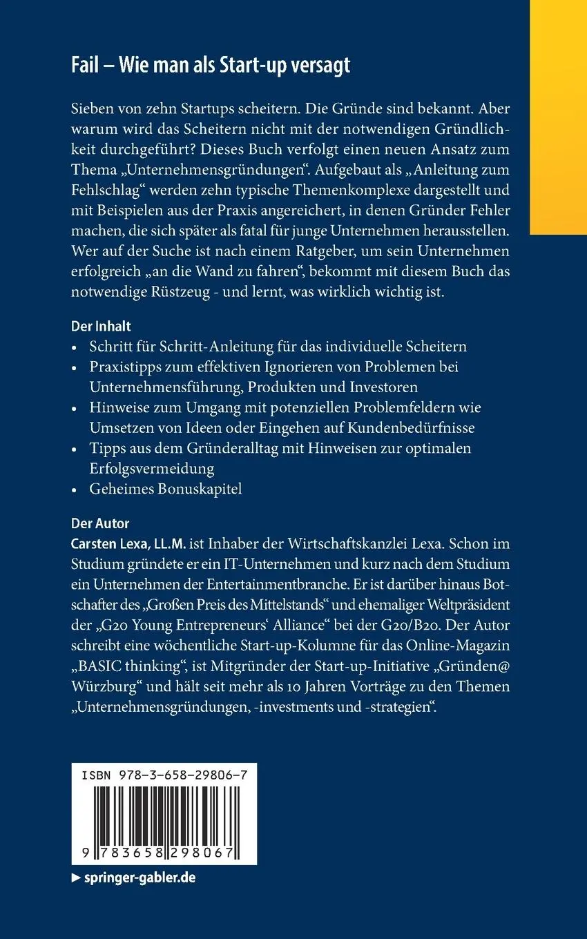 Rückseite: 9783658298067 | Fail - Wie man als Start-up versagt | Eine Anleitung in 10 Schritten