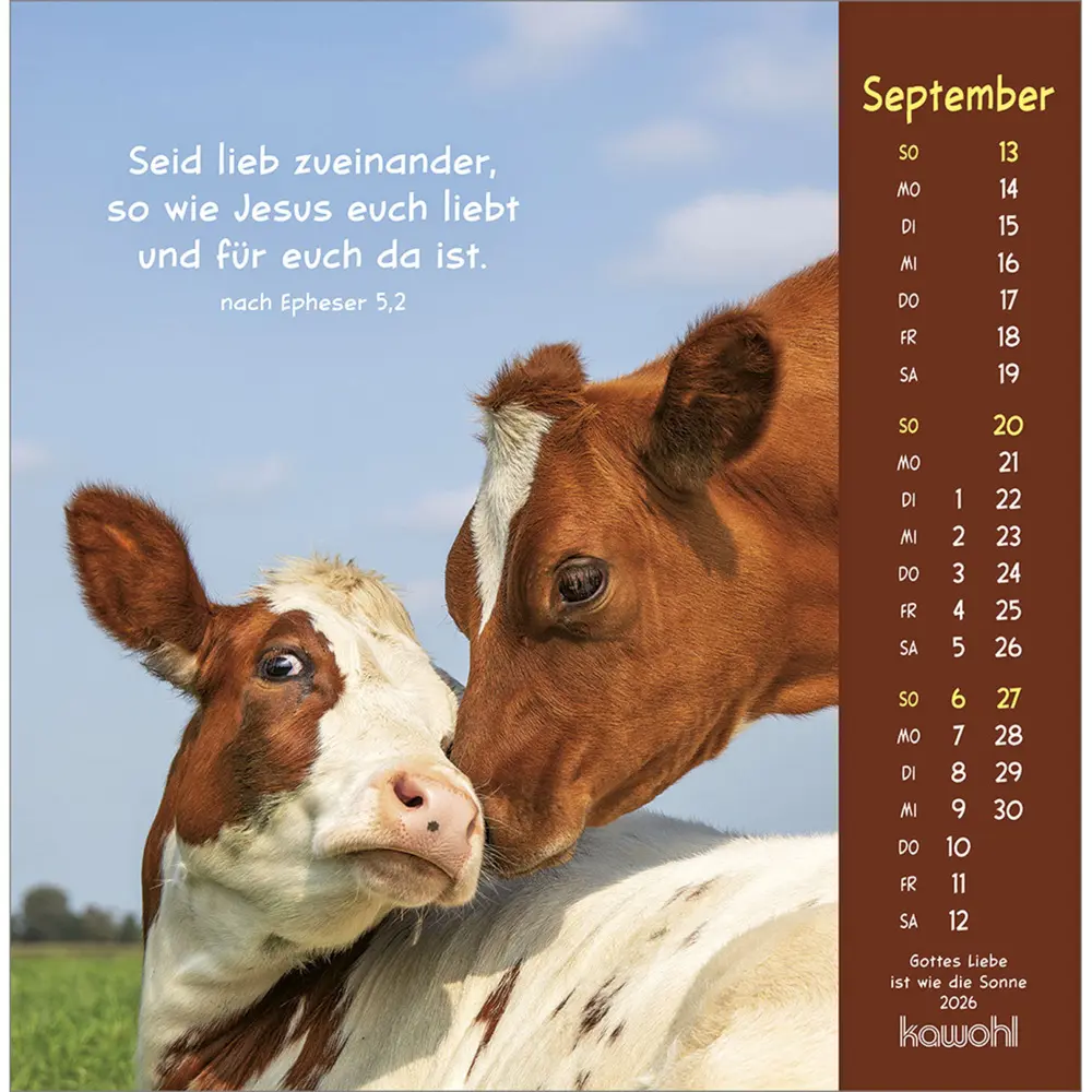 Bild: 9783754848067 | Gottes Liebe ist wie die Sonne 2026 | Tierkalender mit Bibelworten