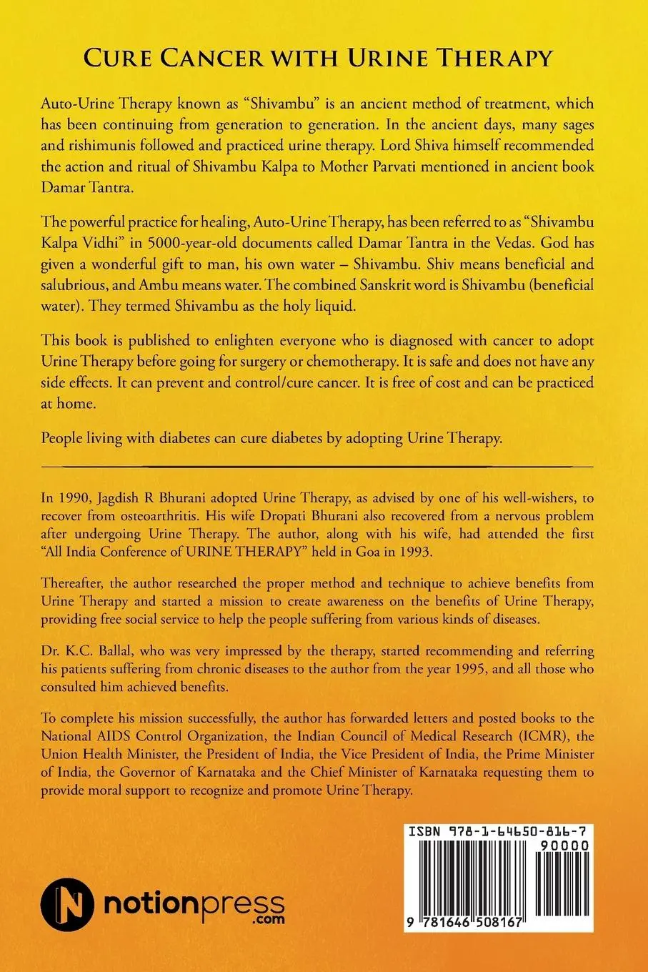 Rückseite: 9781646508167 | Cure Cancer with Urine Therapy | SHIVAMBU "Nectar of Life" | Bhurani