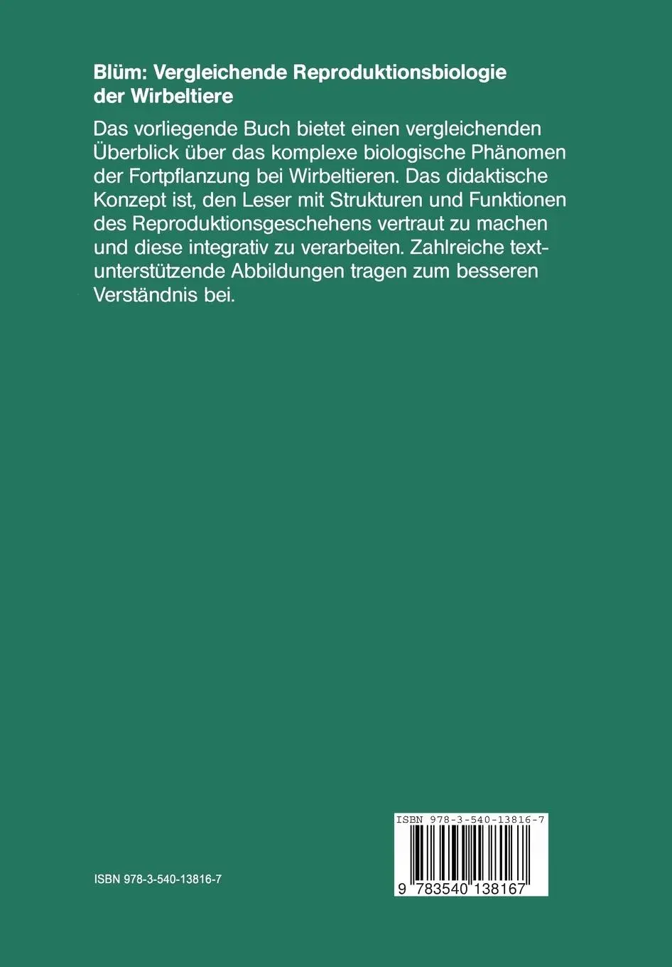 Rückseite: 9783540138167 | Vergleichende Reproduktionsbiologie der Wirbeltiere | V. Blüm | Buch