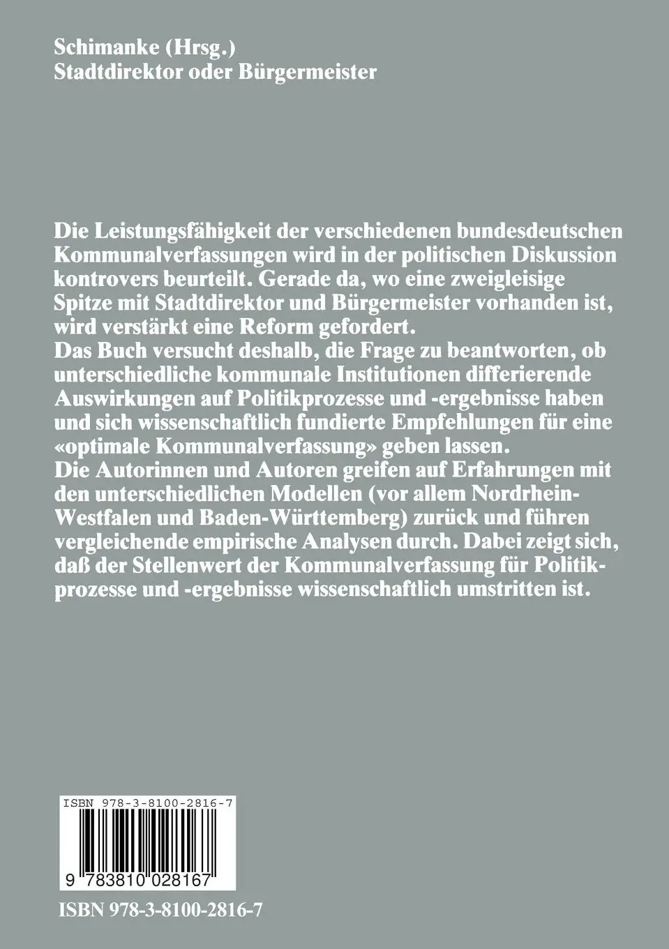 Rückseite: 9783810028167 | Stadtdirektor oder Bürgermeister | Dieter Schimanke | Taschenbuch