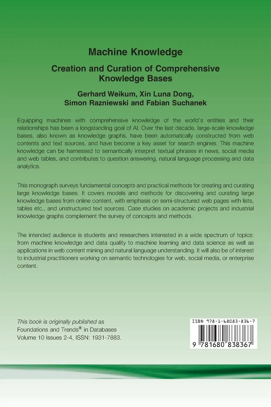 Rückseite: 9781680838367 | Machine Knowledge | Gerhard Weikum (u. a.) | Taschenbuch | Englisch