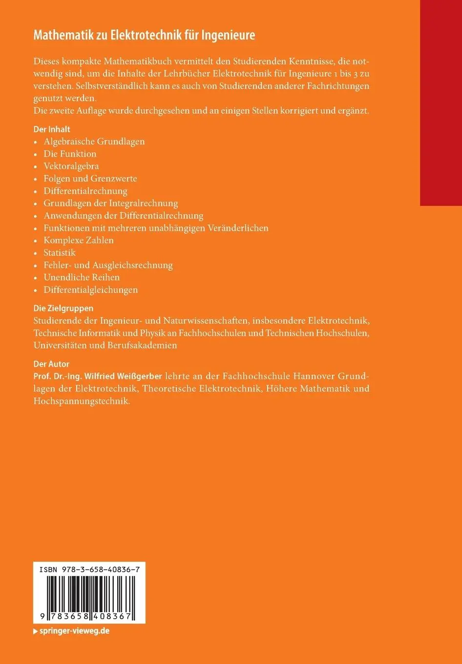 Rückseite: 9783658408367 | Mathematik zu Elektrotechnik für Ingenieure | Wilfried Weißgerber