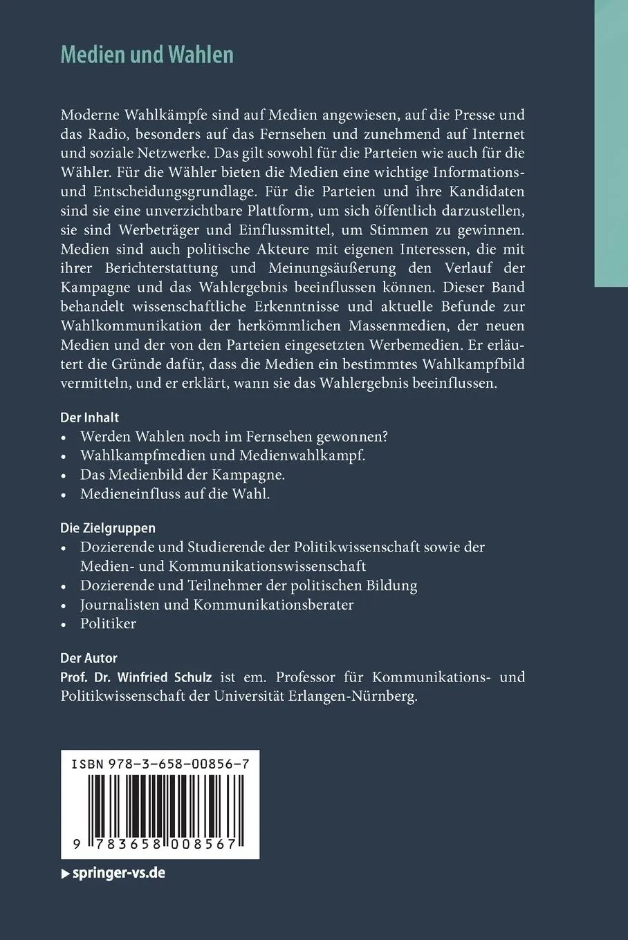 Rückseite: 9783658008567 | Medien und Wahlen | Winfried Schulz | Taschenbuch | vi | Deutsch