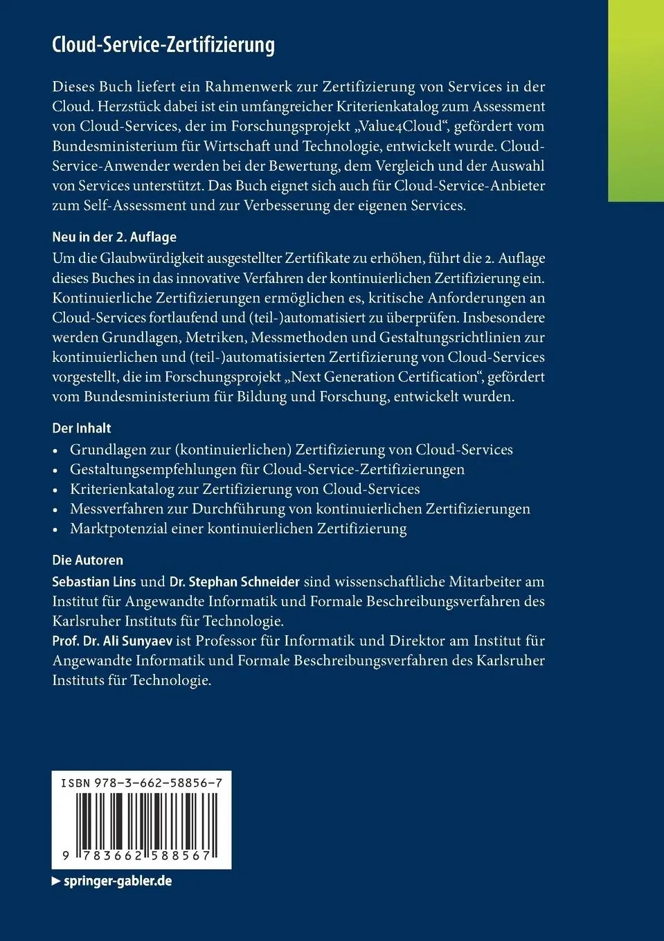 Rückseite: 9783662588567 | Cloud-Service-Zertifizierung | Sebastian Lins (u. a.) | Taschenbuch