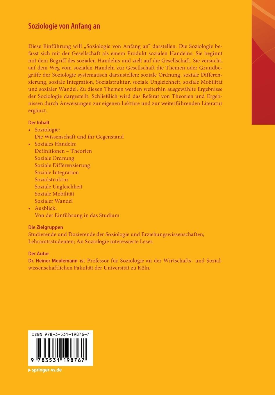 Rückseite: 9783531198767 | Soziologie von Anfang an | Heiner Meulemann | Taschenbuch | xviii