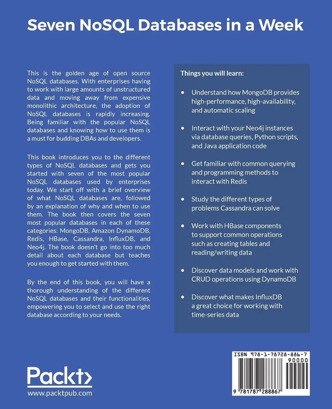 Rückseite: 9781787288867 | Seven NoSQL Databases in a Week | Aaron Ploetz (u. a.) | Taschenbuch
