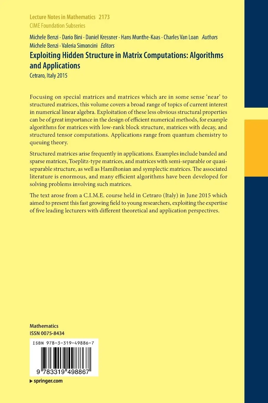 Rückseite: 9783319498867 | Exploiting Hidden Structure in Matrix Computations: Algorithms and...