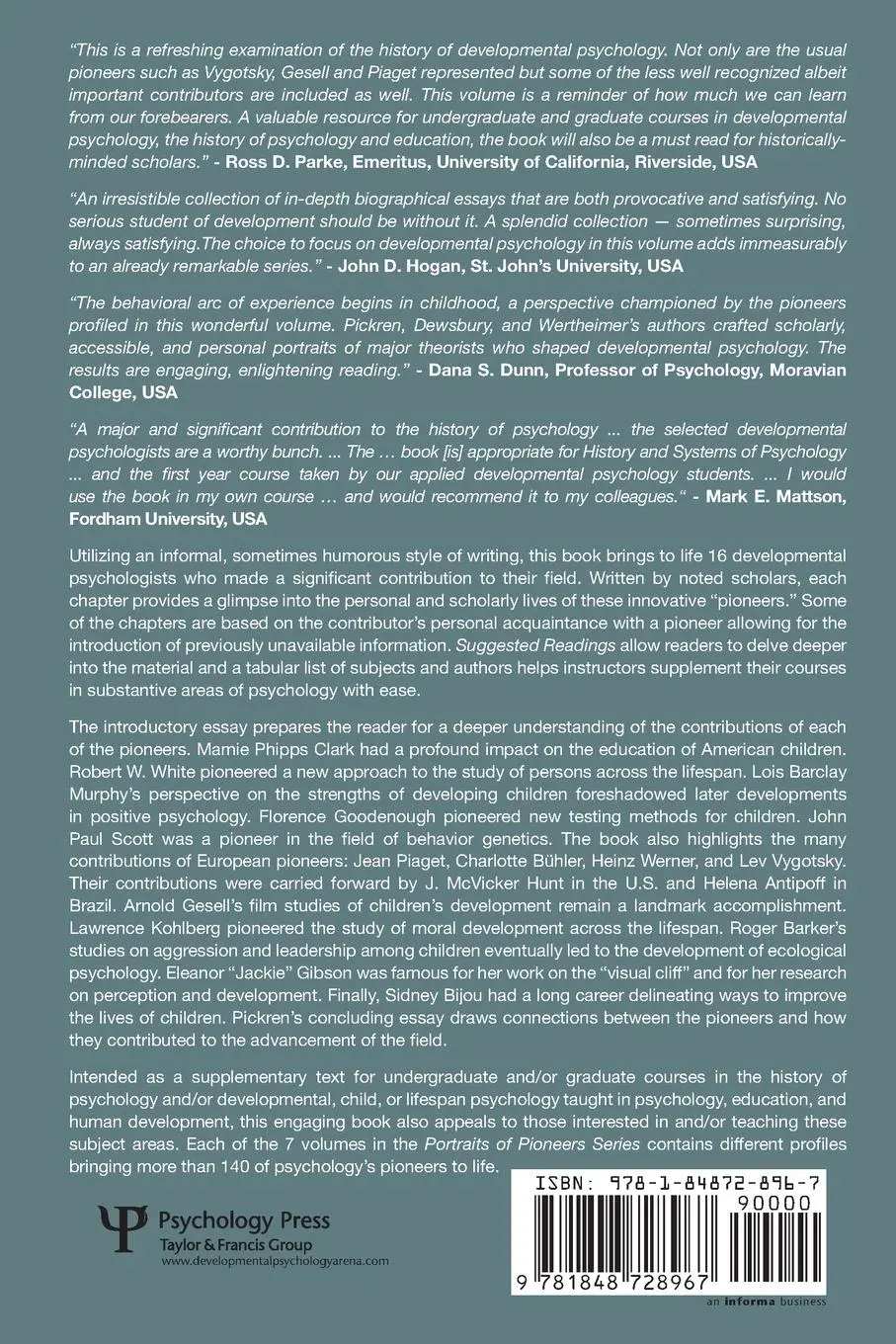 Rückseite: 9781848728967 | Portraits of Pioneers in Developmental Psychology | Pickren (u. a.)