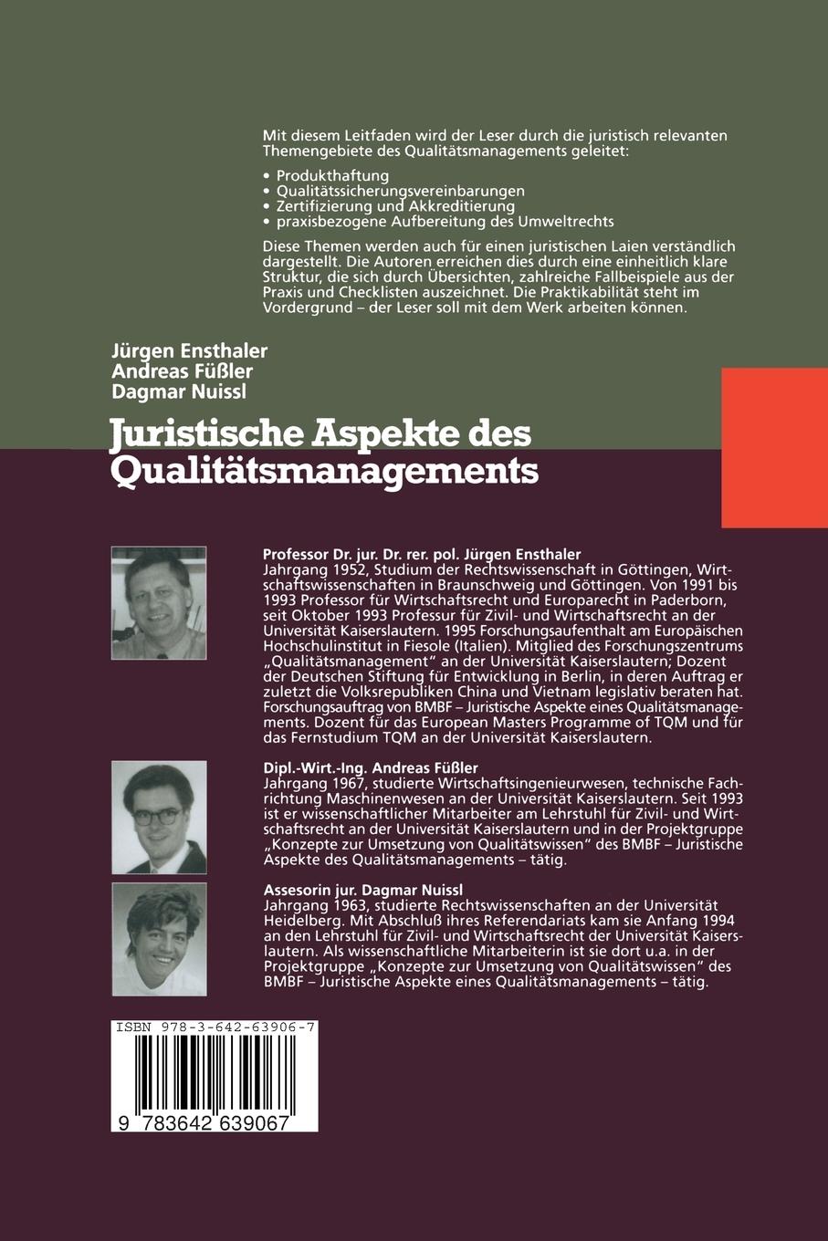 Rückseite: 9783642639067 | Juristische Aspekte des Qualitätsmanagements | Ensthaler (u. a.)