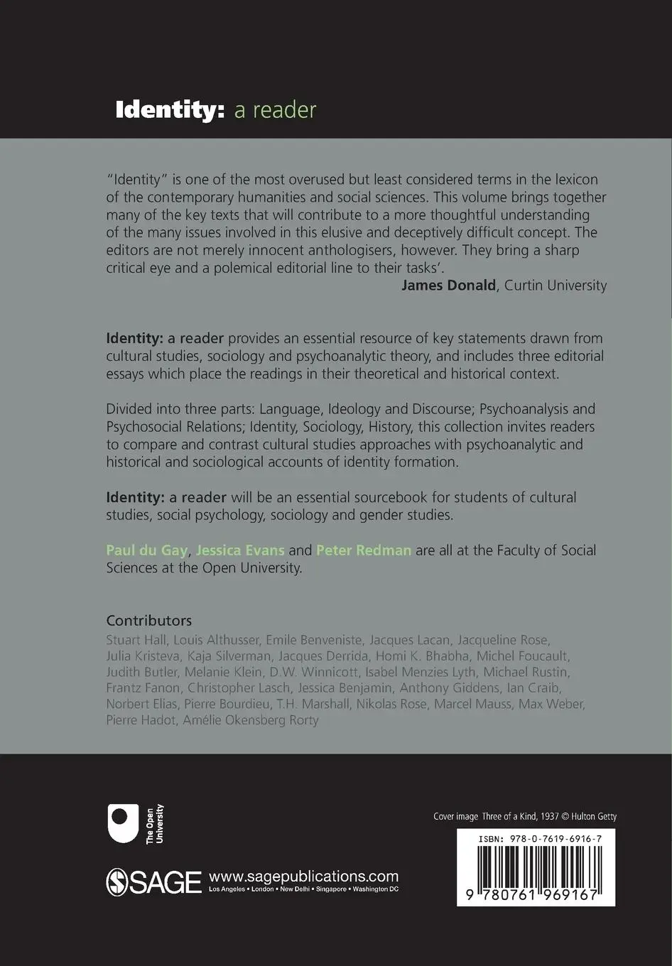Rückseite: 9780761969167 | Identity | A Reader | Paul Du Gay (u. a.) | Taschenbuch | Englisch