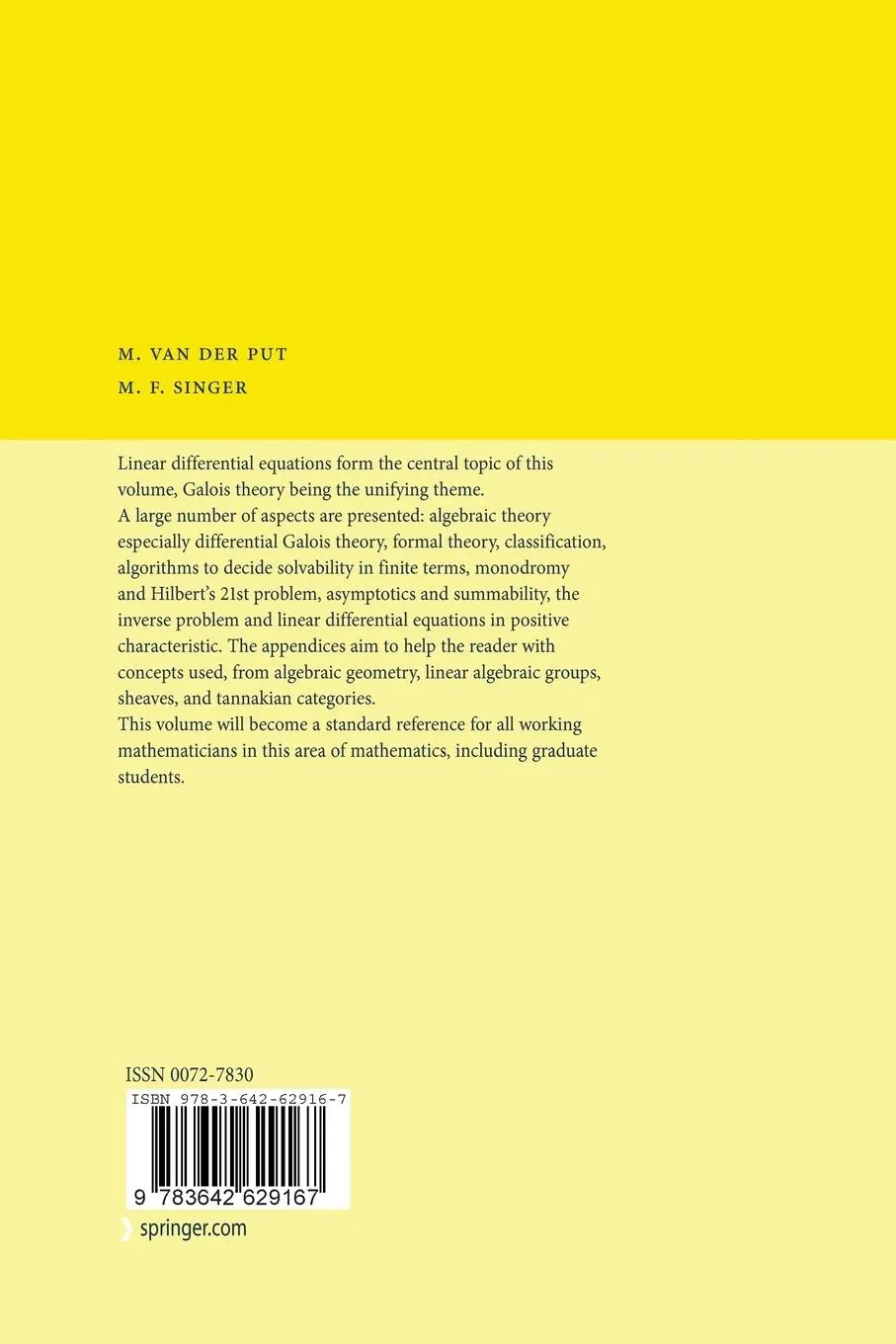 Rückseite: 9783642629167 | Galois Theory of Linear Differential Equations | Singer (u. a.) | Buch