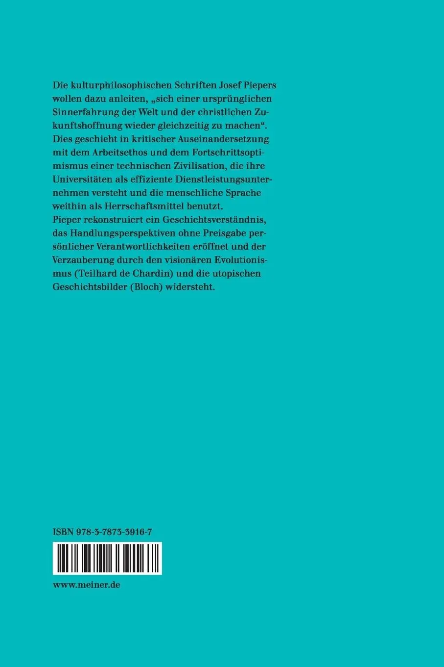 Rückseite: 9783787339167 | Werke / Kulturphilosophische Schriften | Josef Pieper | Buch | 478 S.