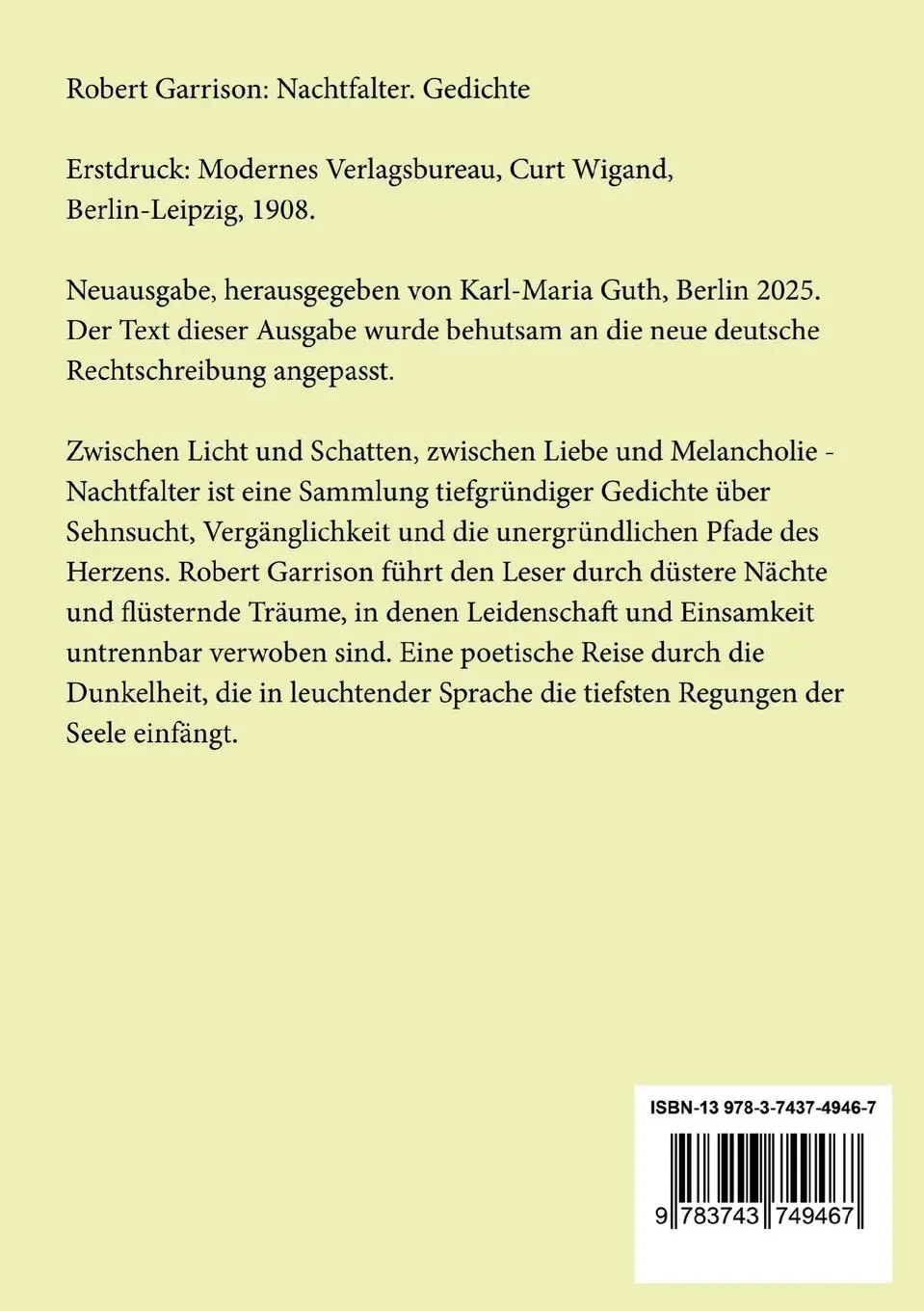 Rückseite: 9783743749467 | Nachtfalter | Lyrische Streifzüge durch die Nacht | Robert Garrison