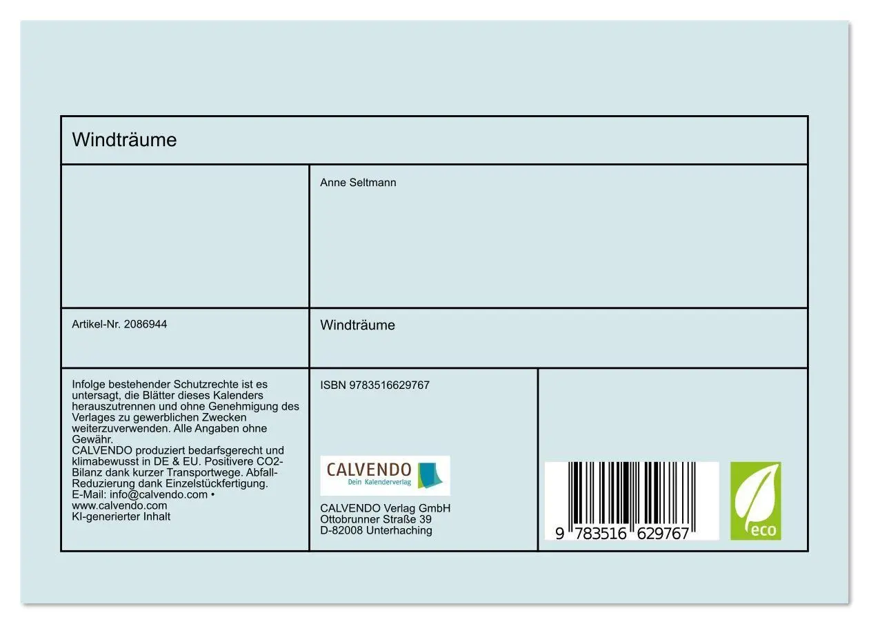 Bild: 9783516629767 | Windträume (Tischkalender 2026 DIN A5 quer), CALVENDO Monatskalender