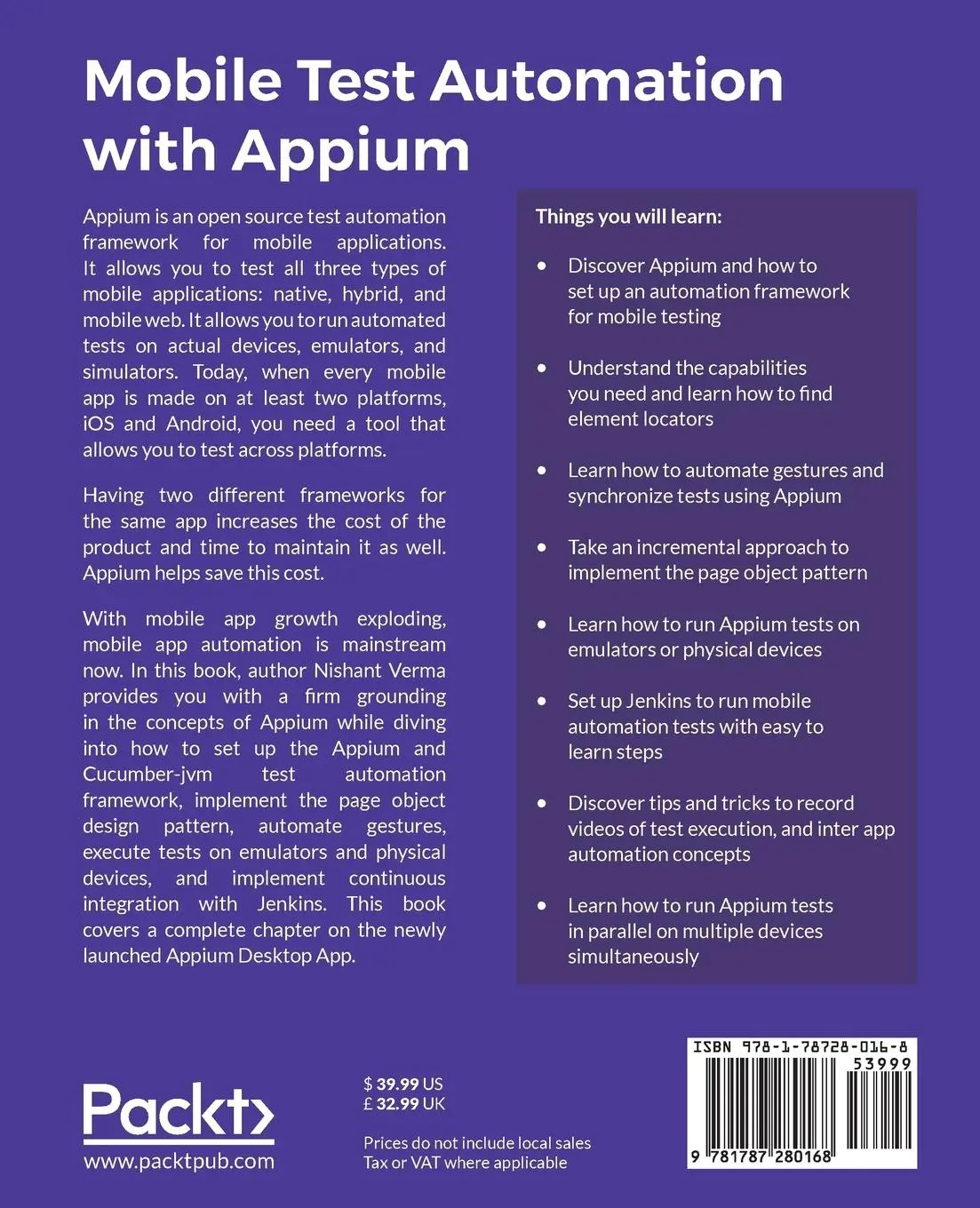 Rückseite: 9781787280168 | Mobile Test Automation with Appium | Nishant Verma | Taschenbuch
